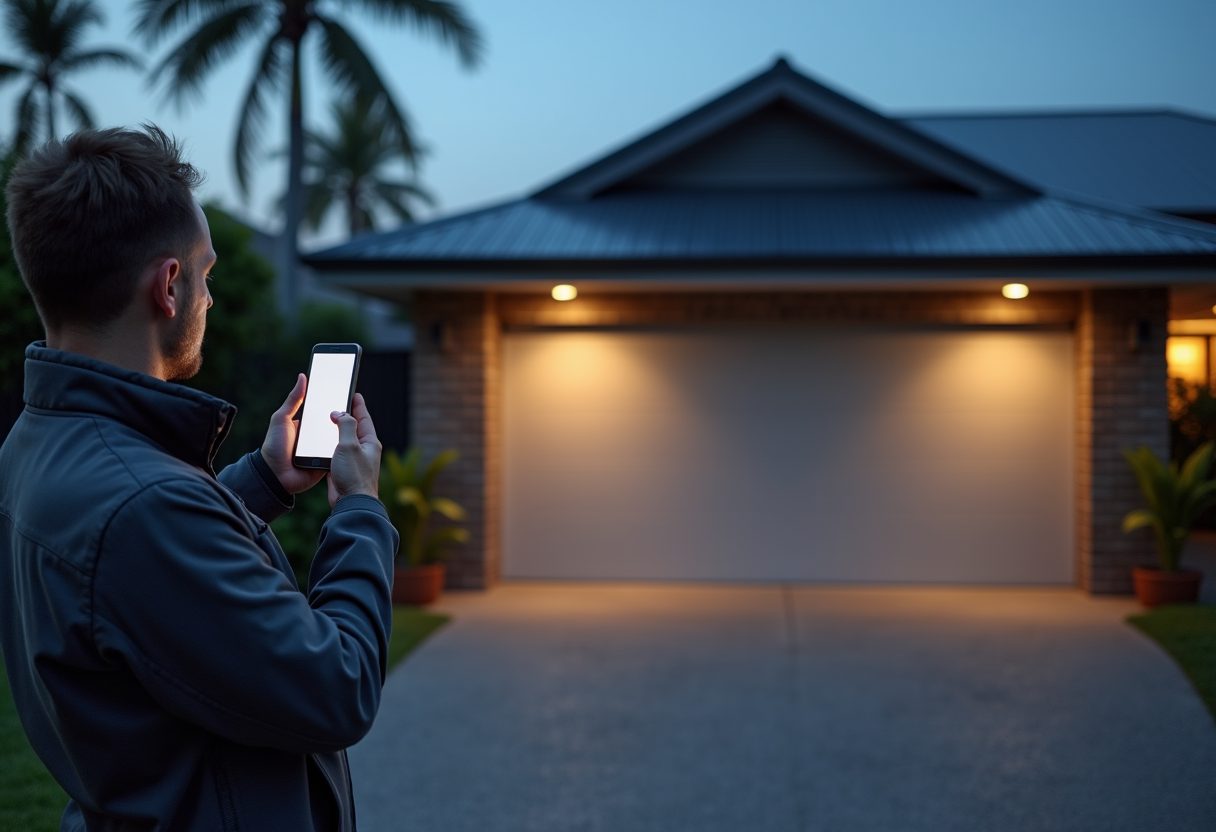 Smart garage door opener installation at dusk — Reedy Creek